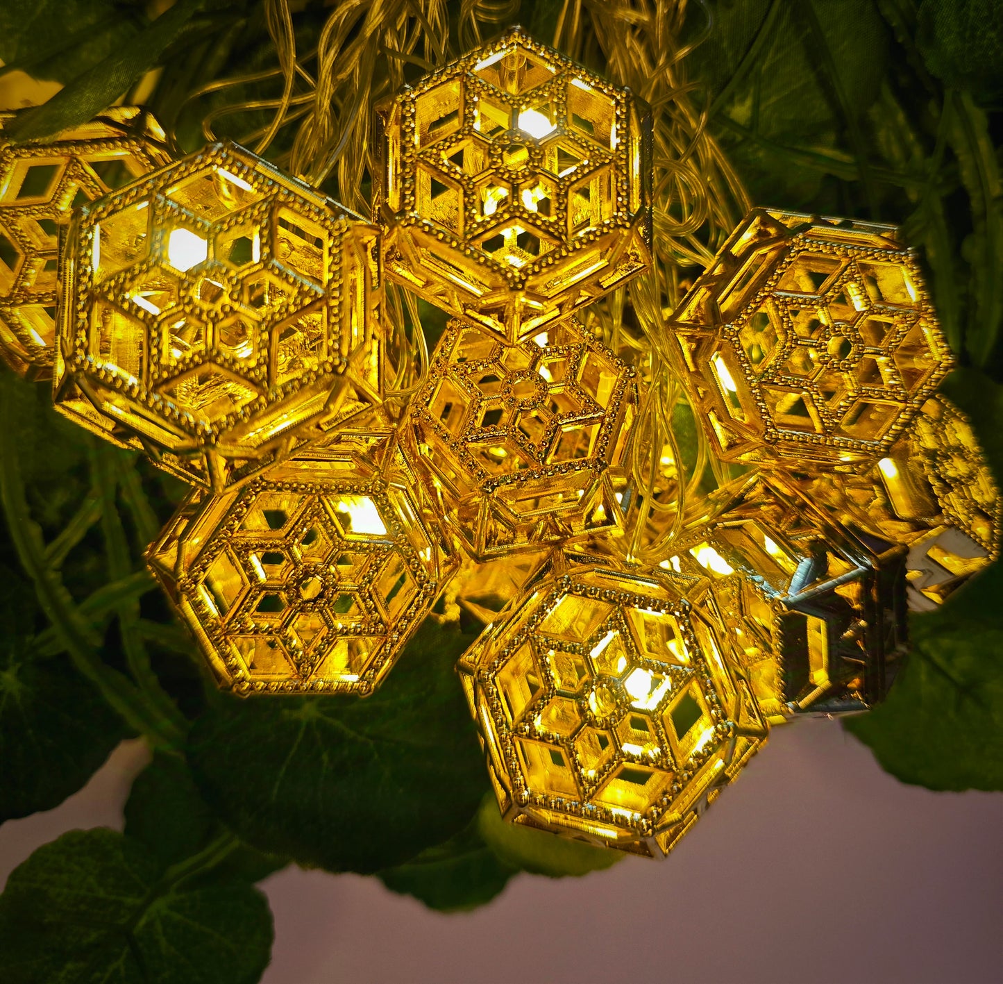 Moroccan Gold Fairy String Lights – 14 Warm White LED Lanterns for Home, Mandir & Festive Décor (Hexagonal)