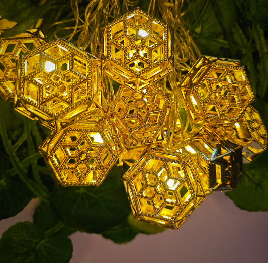 Moroccan Gold Fairy String Lights – 14 Warm White LED Lanterns for Home, Mandir & Festive Décor (Hexagonal)