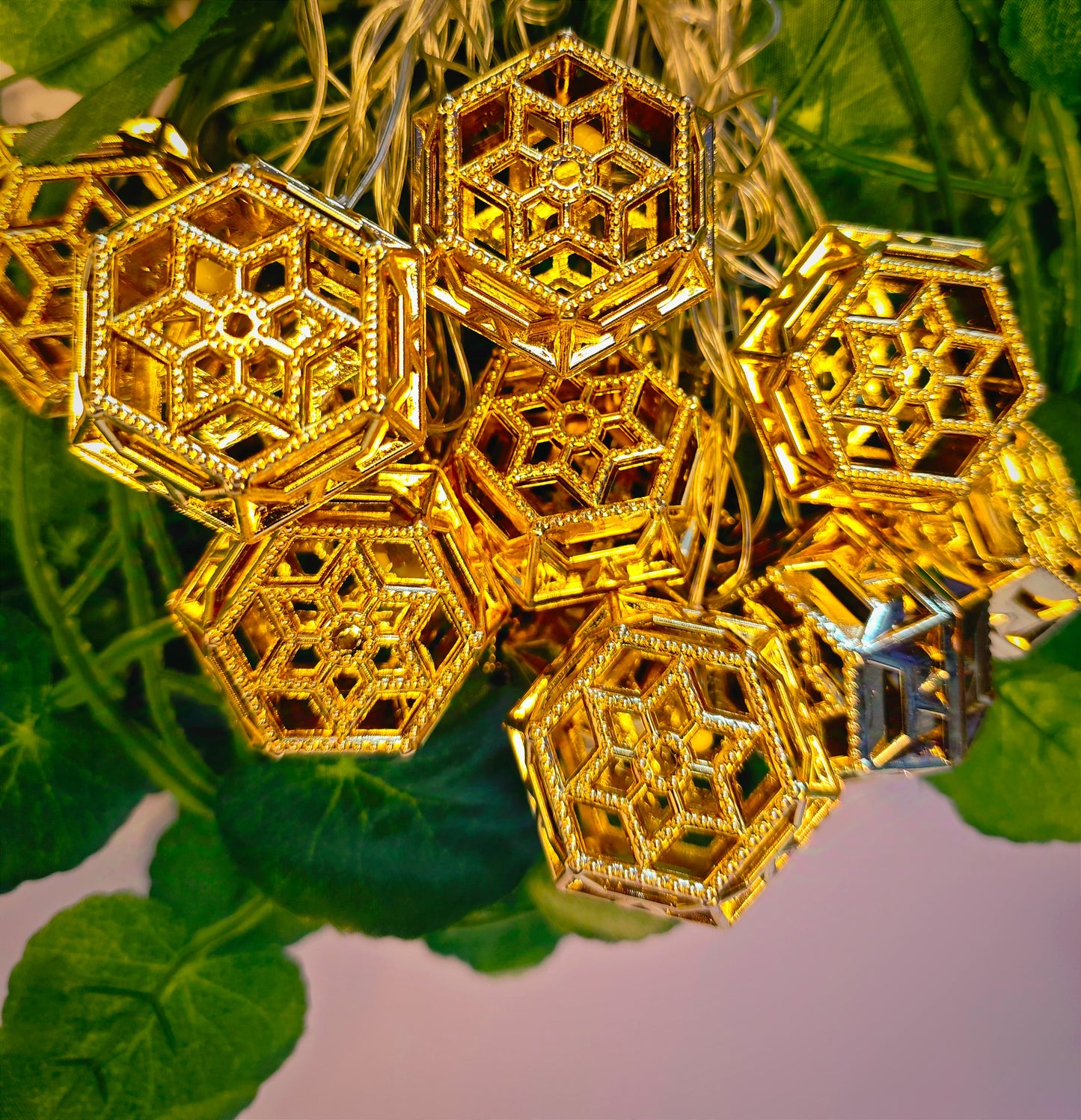 Moroccan Gold Fairy String Lights – 14 Warm White LED Lanterns for Home, Mandir & Festive Décor (Hexagonal)