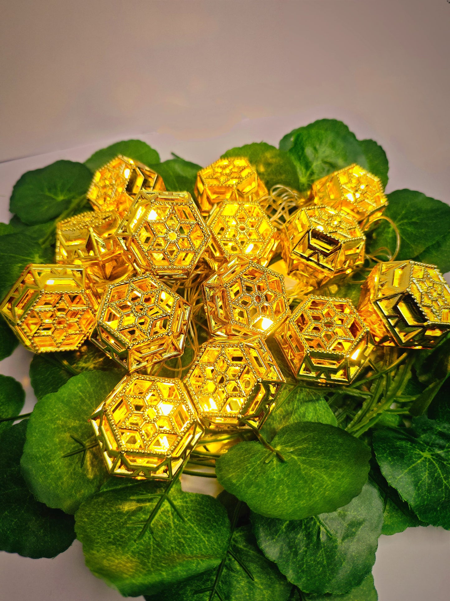 Moroccan Gold Fairy String Lights – 14 Warm White LED Lanterns for Home, Mandir & Festive Décor (Hexagonal)