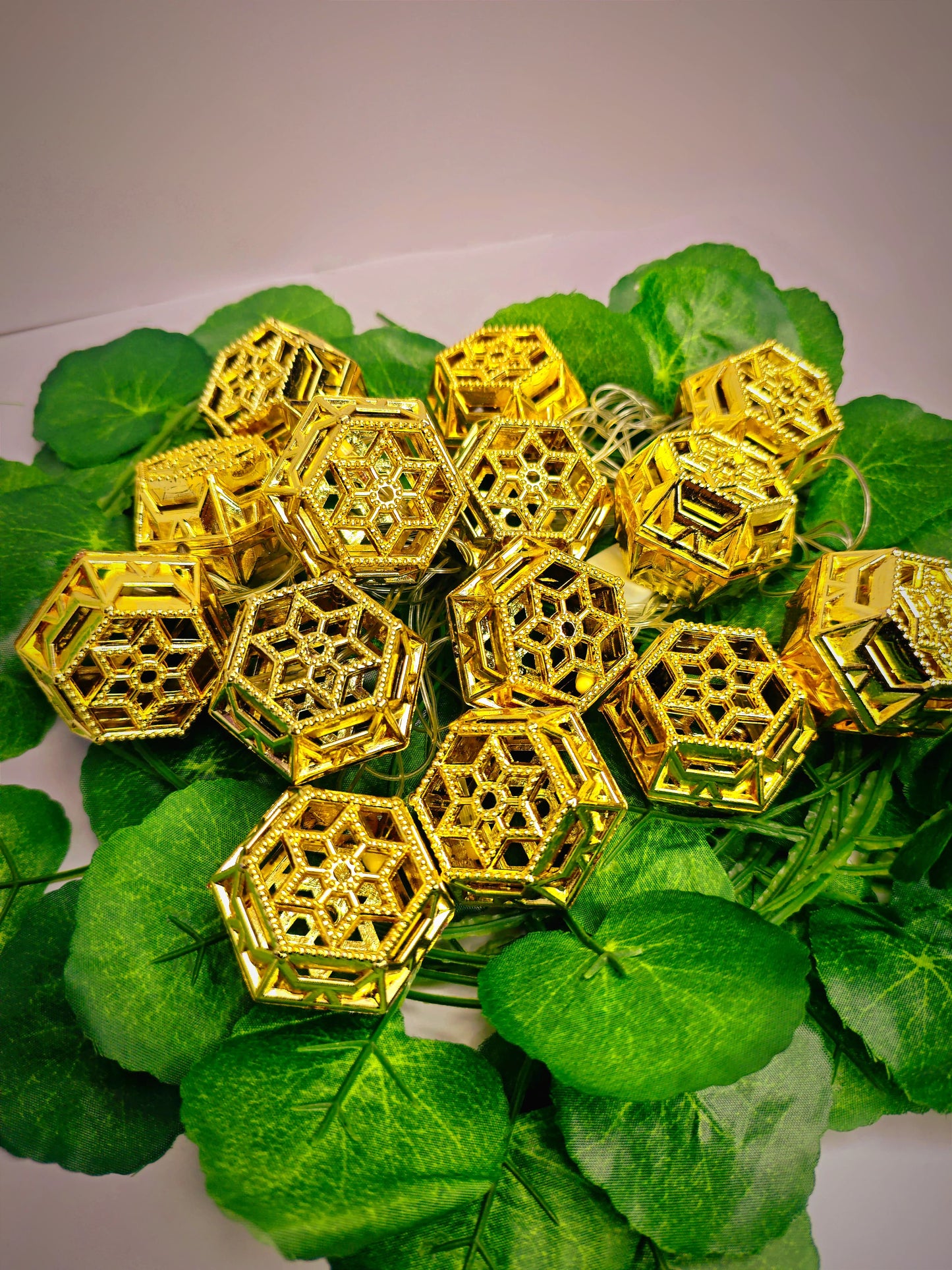 Moroccan Gold Fairy String Lights – 14 Warm White LED Lanterns for Home, Mandir & Festive Décor (Hexagonal)