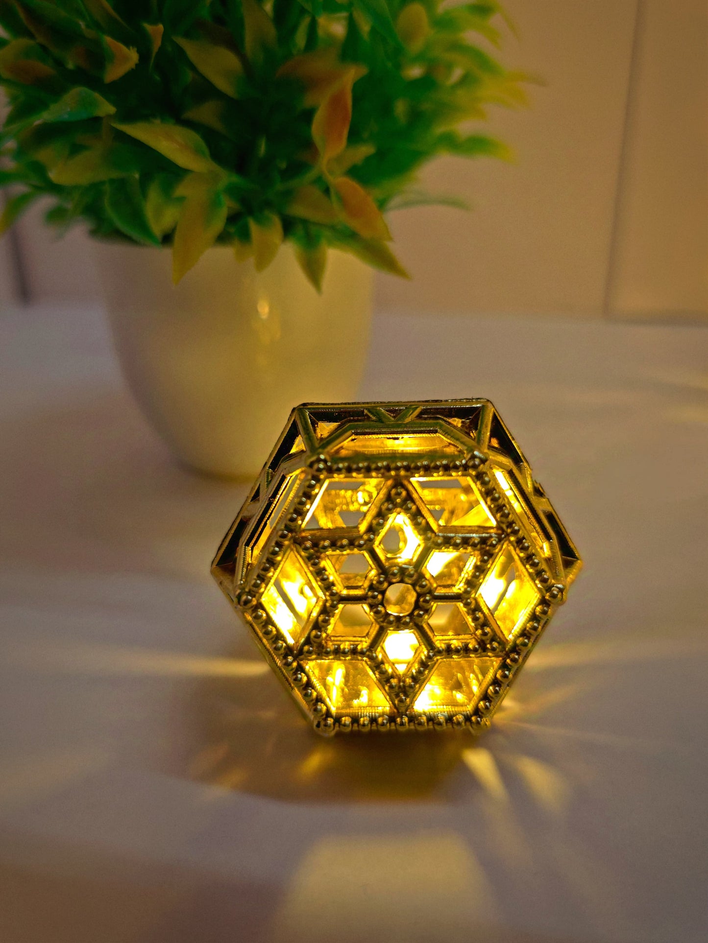 Moroccan Gold Fairy String Lights – 14 Warm White LED Lanterns for Home, Mandir & Festive Décor (Hexagonal)