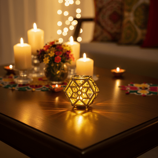 Moroccan Gold Fairy String Lights – 14 Warm White LED Lanterns for Home, Mandir & Festive Décor (Hexagonal) - Festive Decore