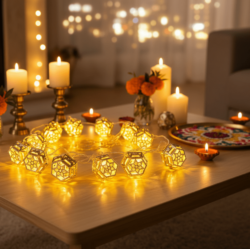 Moroccan Gold Fairy String Lights – 14 Warm White LED Lanterns for Home, Mandir & Festive Décor (Hexagonal) - Festive Decore