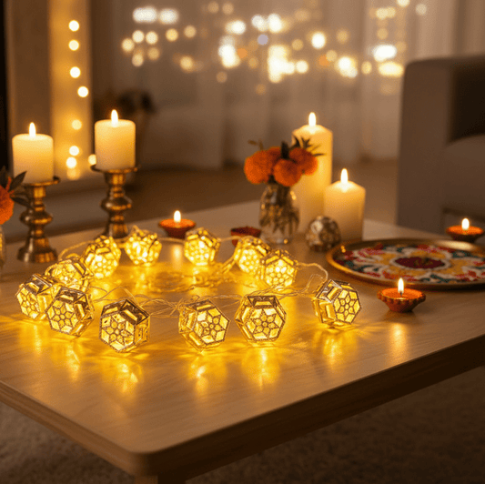 Moroccan Gold Fairy String Lights – 14 Warm White LED Lanterns for Home, Mandir & Festive Décor (Hexagonal) - Festive Decore