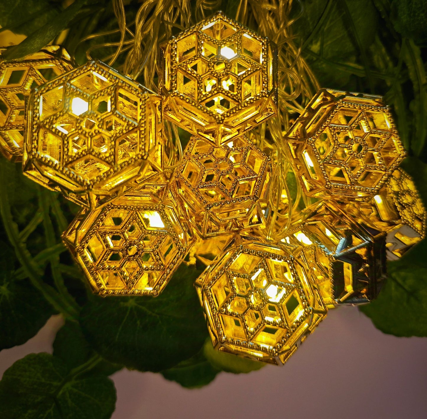 Moroccan Gold Fairy String Lights – 14 Warm White LED Lanterns for Home, Mandir & Festive Décor (Hexagonal) - Festive Decore